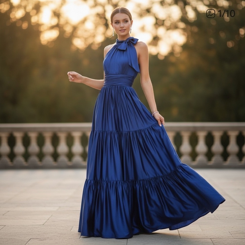 Mac Duggal Halter Neck Satin Tiered Evening Prom Formal‎ Gown 50658 Size 6 NWT